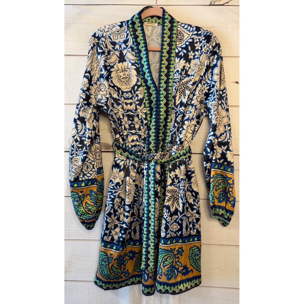 Navy Floral Long-Sleeve Wrap Dress with Green Trim